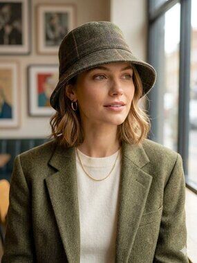 J. Crew Wool Plaid Bucket Hat Womens Size S/M Sage Green, Tan EUC